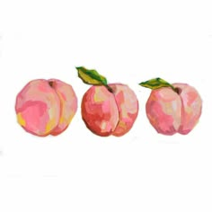 three pieces of fruit are painted in pink and yellow colors with green leaves on the top