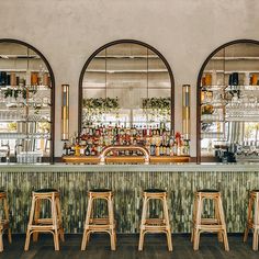 the bar is lined with wooden stools