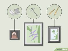 an image of four frames hanging on the wall with different things in them and text that reads how to hang pictures