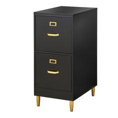 a black and gold file cabinet with two drawers on one side, the other is open