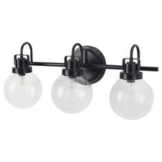 three light bathroom fixture with black finish and clear glass globes on the front side