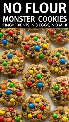 no flour monster cookies with chocolate chips and m & m's in the middle