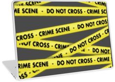 yellow caution tapes with words on them laptop skins by designbyteshope