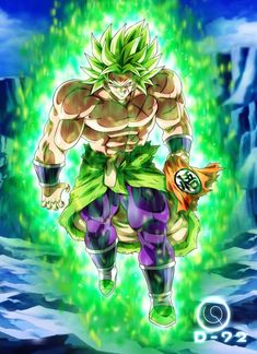 the dragon ball character is running in front of green and blue fireballs, with his arms