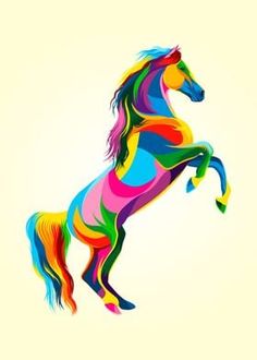 a colorful horse that is standing on its hind legs in the air with it's tail