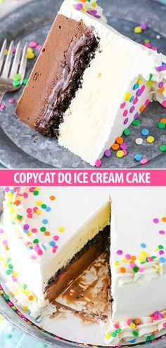 two different types of ice cream cake on a plate with one slice cut out and the other half eaten