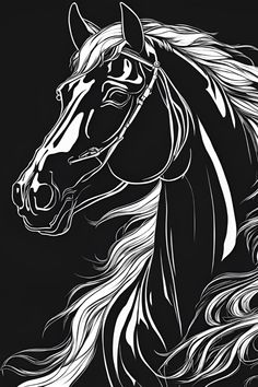 a black and white drawing of a horse's head with long hair blowing in the wind