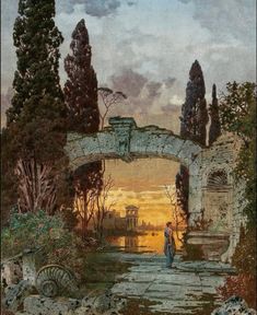 a painting of a man standing in front of an arch with trees and water on it