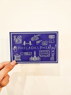 Details: This postcard features an illustration with lots of Philadelphia icons! The back of the postcard reads "hello" at the top and includes a place to write addresses and a personal note. Find more Pennsylvania and Philadelphia postcards and stickers in the shop! Printed on high-quality paper in the USA.  Size: 4 x 6 inches. Quantity: Available as a single postcard or in a six-pack. Shipping: All domestic U.S. orders have free shipping! Small orders are shipped via USPS postage and do NOT in Movin On, Vintage Postcard, Linocut, Art Diy, Project Ideas, First Class, Pennsylvania, At The Top, Stationery Paper