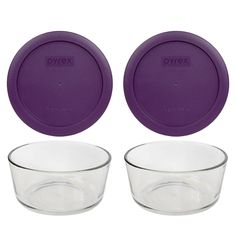 two glass bowls and one purple plastic bowl are shown with lids for the same product