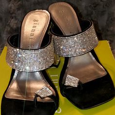 Gianni Bini Binks Blk Jewel Embellished/Rhinestone/Glitter Slide Sandals Sz.6nib Bling Round Toe Sandals For Evening, Black Rhinestone Sandals For Formal Occasions, Black Sparkling Sandals For Party, Glamorous Bedazzled Black Sandals, Glamorous Black Glitter Sandals, Black Bedazzled Sandals For Party, Glamorous Black Sandals With Bling, Elegant Black Sandals With Bling, Sparkling Black Sandals For Night Out