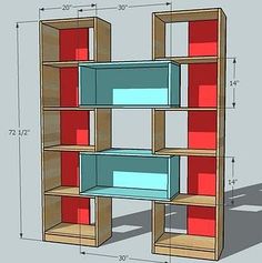 a drawing of a bookcase with red and blue shelves