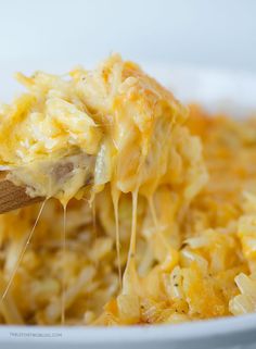 a wooden spoon full of macaroni and cheese being lifted from a white bowl