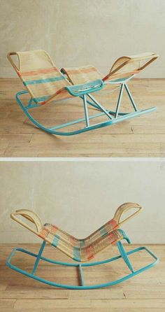 two pictures of a chair that is made out of wood and metal, with the same color