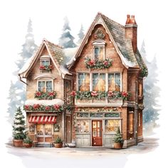 a watercolor painting of a house with christmas decorations