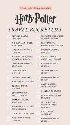 the harry potter travel bucket list is shown in black and white, with pink background