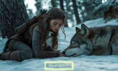 a woman laying on the ground next to a wolf in the snow with her eyes closed