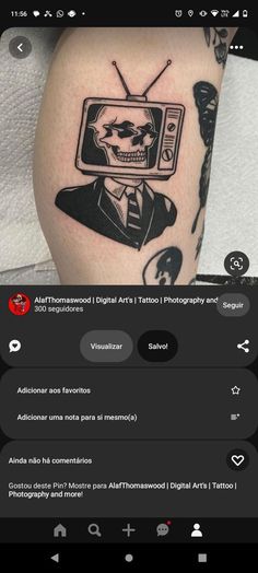 a person with a tattoo on their arm and an image of a skull wearing a suit