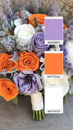 an orange and purple wedding bouquet with white roses, lavenders, and greenery