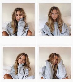 four pictures of a woman with long hair and wearing a gray sweater sitting on a bed