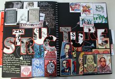 an open book with various pictures and words on the pages that are covered in graffiti