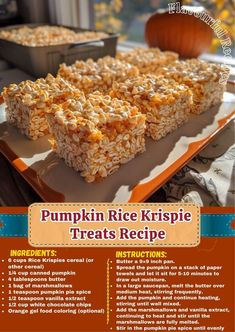 pumpkin rice krispie treats recipe on a tray with other items in the background and text