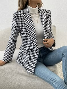 Bianco e nero Elegante Collar Manica lunga Tessuto Thiuz Classico Embellished Non-Elastico  Abbigliamento donna Blazer Plus Size, Double Breasted Overcoat, Blazer Casual, Plus Size Blazer, Ladies Blazer, Single Button Blazer, Maxi Robes, Long Sleeve Blazers