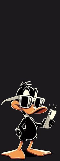 a cartoon duck wearing sunglasses and holding a cell phone