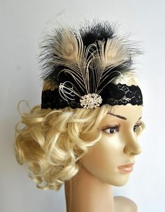 The Great Gatsby Headband, 1920's, Feather Lace flapper costume, black silver gatsby headband headpiece Beautiful Vintage Style, Great Gatsby lace flapper headband with feathers. Made of - black stretchy floral lace (the floral pattern may vary as it is handmade item ) - embellished with sparkling crystal rhinestone brooch - mix of light black ostrich feathers and hand curled ivory peacock eyes Perfect for a Great Gatsby or a 1920's party or any occasion! Can be worn with feathers on the right o Peacock Headband, 1920s Hair Accessories, Great Gatsby Headpiece, 1920s Headband, Gatsby Headpiece, Gatsby Headband, 1920s Headpiece, 1920s Hair, Flapper Headband