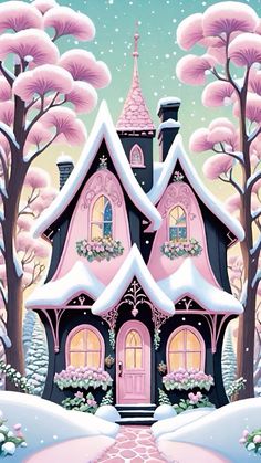 a painting of a pink house in the snow with trees and flowers on it's roof