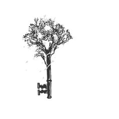 a black and white drawing of a tree with a key hanging from it's side