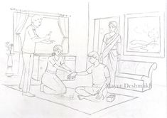 a pencil drawing of two people in a living room