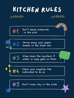 the rules for kitchen rules on a blue background with rainbows and stars around it