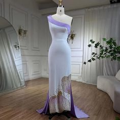 A Luxurious Selection: White Lilac Butterfly One-Shoulder Midi Dubai Evening Dresses for Women's Wedding and Arab Formal Parties Gown Butterfly, Lilac Palette, Lilac Butterfly, Dubai Evening, Satin Evening Dress, Formal Parties, White Lilac, Dress One Shoulder, Party Gown