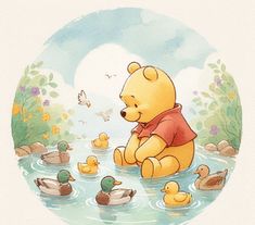 a winnie the pooh bear sitting on top of a body of water surrounded by ducks