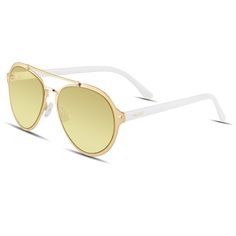 Style: V732GD50 Frame: Gold Lens: Light Yellow Size: Medium (55mm X 17mm X 140mm) Imported The Velvet® "Jesse" is a modified medium size aviator with plastic temples for a super comfy fit. The shape is slightly more round on the bottom so it's a great style for Oval, Square, and Heart Face shapes. This Jesse is featured in gold with a light yellow lens for those trendy days or nights! 100% UV Protection All Velvet sunglasses come with a Velvet "Love it or Return it" Guarantee! Have a Question? G Modern Gold Aviator Sunglasses For Spring, White Aviator Sunglasses With Uv Protection, Casual White Aviator Sunglasses With Mirrored Lenses, Modern White Aviator Sunglasses, White Aviator Sunglasses With Tinted Lenses, White Aviator Sunglasses For Summer, Casual White Aviator Sunglasses With Gradient Lenses, White Casual Aviator Sunglasses With Anti-reflective Coating, Casual White Aviator Sunglasses With Anti-reflective Coating