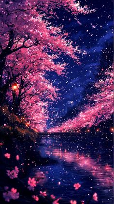 the night sky is full of stars and pink flowers, as well as some trees