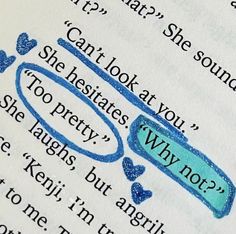 an open book with blue writing on it and hearts in the pages that read, can't look at you she hates to pretty but she laughs