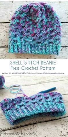 the shell stitch beanie free crochet pattern is shown in two different colors