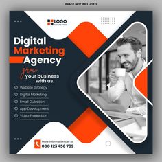 a modern business flyer template with an orange and black geometric pattern on the front, featuring a man holding a coffee cup in his hand