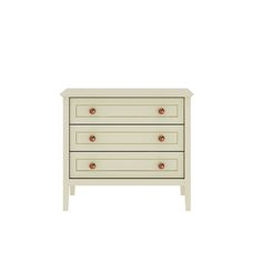 a white dresser with three drawers and two brown knobs on the bottom, against a white background