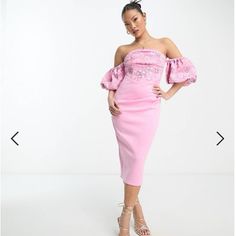 Size 8 Doing It For The Glam Bardot Neck Off-The-Shoulder Style Zip-Back Fastening Slim Fit Puff Sleeve Midi Dress, Sleeve Midi Dress, Puff Sleeve, Off The Shoulder, Sequin, Asos, Midi Dress, Slim Fit, Floral