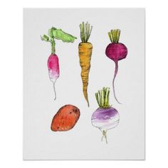 three different colored vegetables are shown on a white background, one is purple and the other is green