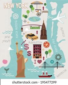 the new york city map is shown with all its landmarks and attractions, including the statue of liberty