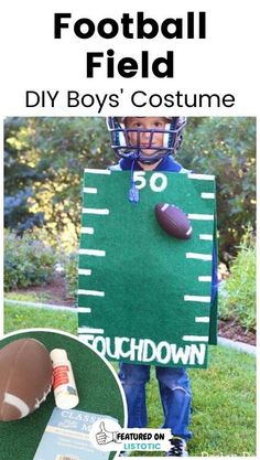 a little boy wearing a football field costume with the words, diy boys'costume