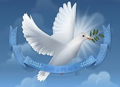 a white dove with an olive branch in it's beak flying through the air