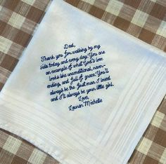 This is perfect for the bride, mom, dad, grandparents, or bridal party as a wedding day gift. This luxurious white handkerchief, made from pure cotton, is embroidered quickly to order in Los Angeles, CA.  Crafted with the utmost attention to detail, the premium embroidery ensures the back of the handkerchief looks just as good as the front. Each handkerchief measures approximately 16x16 inches.  If you have a rush order, please reach out and I would be happy to accommodate.  We love a little creativity, so message us for custom orders! We have plenty of fonts, handkerchiefs and thread to design your own set. White Handkerchiefs With Embroidered Text For Gift, White Handkerchiefs With Embroidered Text As Gift, White Embroidered Text Handkerchief Wedding Gift, White Handkerchiefs With Custom Embroidery For Gift, White Handkerchiefs With Custom Embroidery As Gift, Embroidered White Handkerchiefs For Bridesmaids, White Embroidered Handkerchiefs For Bridesmaid Gift, White Handkerchief, Embroidered Handkerchief