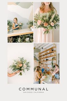 a collage of photos with flowers and greenery in the center, two women working on