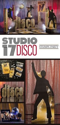 an advertisement for the disco party with people dancing on stage and in front of a red curtain