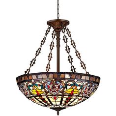 a stained glass chandelier hanging from the ceiling